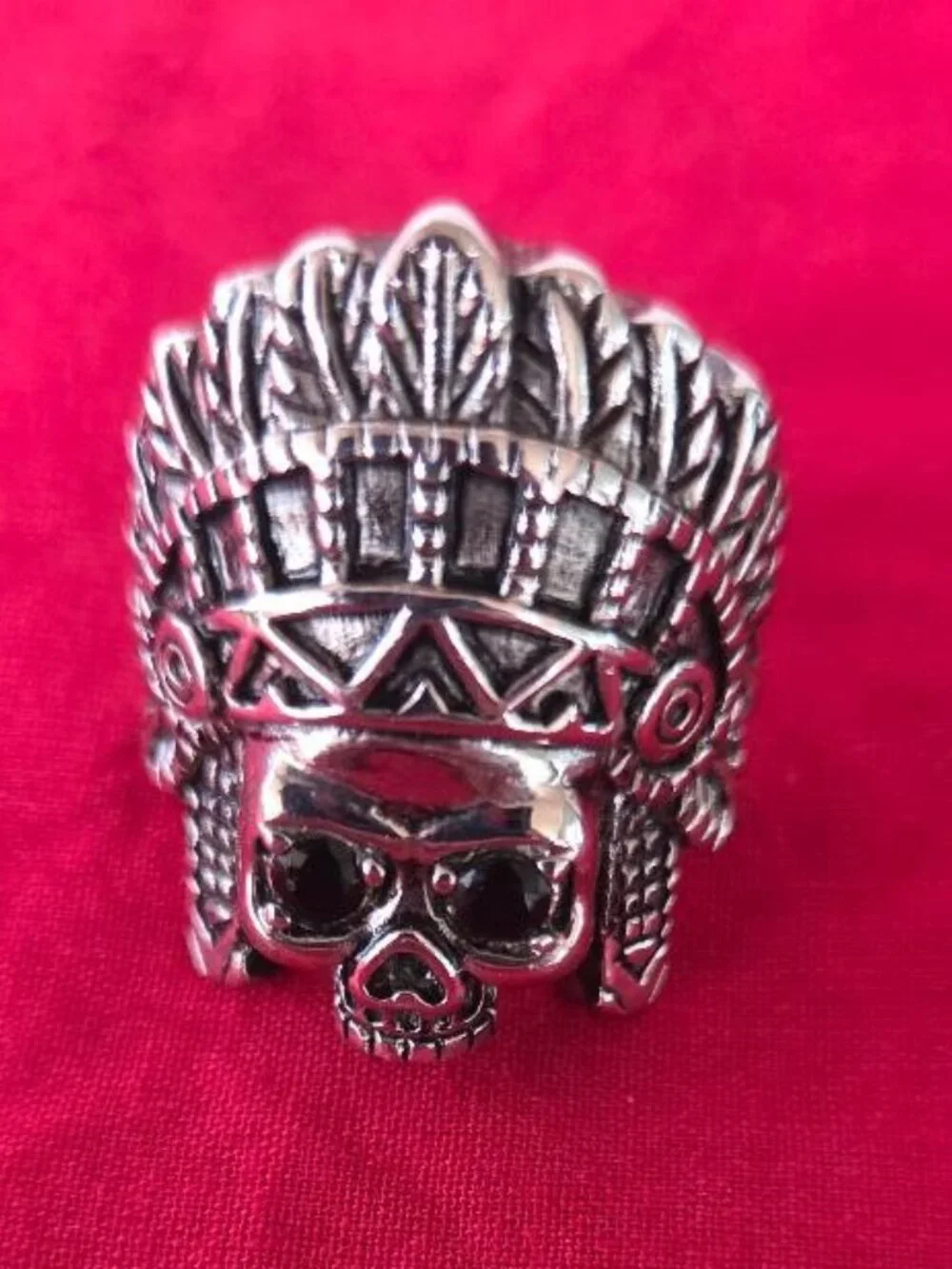 Native American Chief Skull Ring Size 14, CZ Eyes, Indian Head Skull Ring Mens